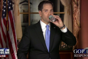 U.S. Sen. Marco Rubio swigging some water during his rebuttal Tuesday night. SOURCE: NBC News